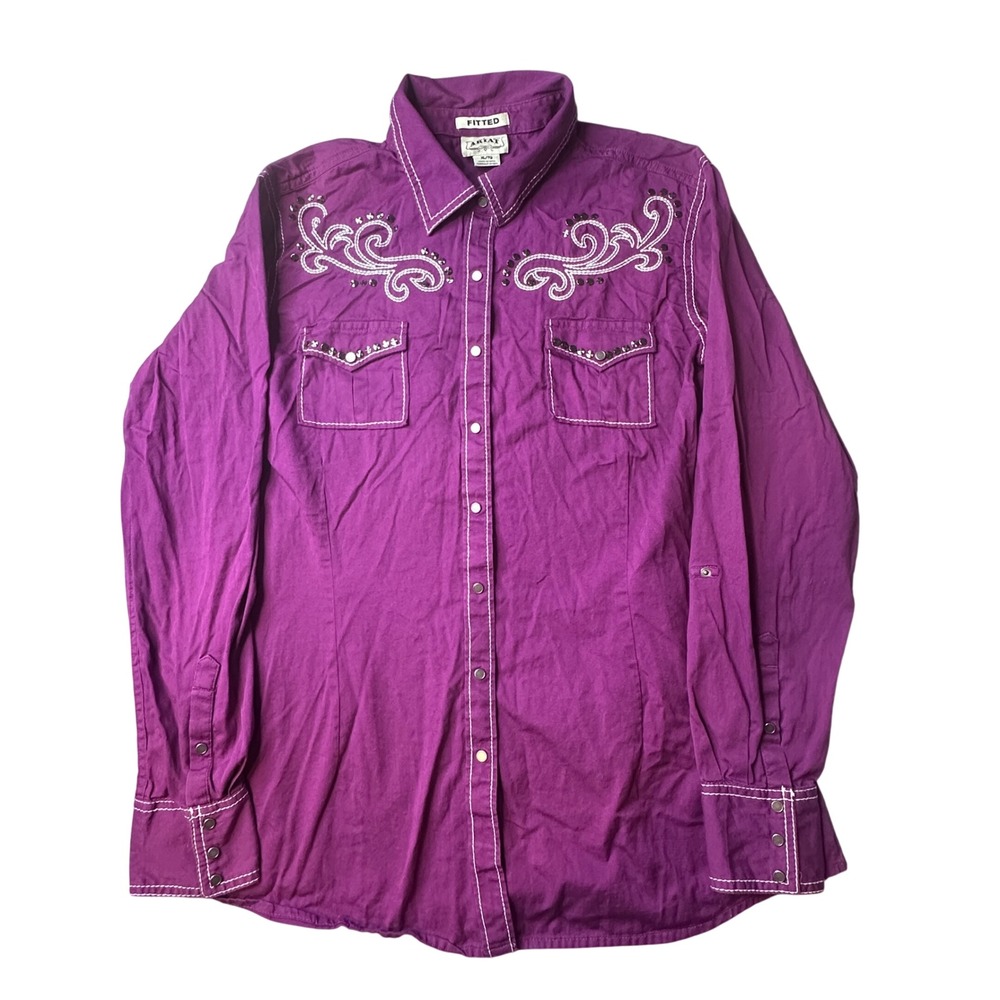 Ariat Western Shirt Womens XL Purple Fitted Embroidered Sequin Snap Button Up